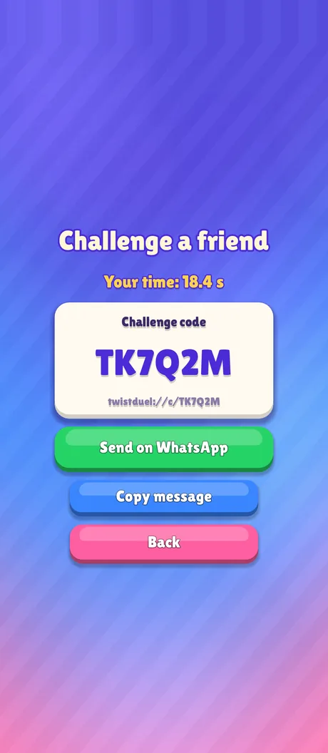Twist Duel challenge a friend screen with WhatsApp button